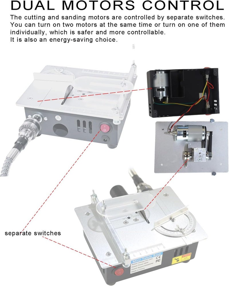 RTOVZON Mini Table Saw, Dual Motors 96W Mini Desktop Electric Saw Cutter 7.1"x5.5", Cutting+Sanding with Speed & Angle Adjust 4* Blades, Available for Wood/PCB/Acrylic - Image 3